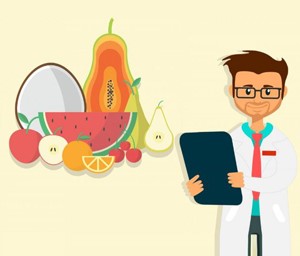 doctor holding a tablet displaying fruits and vegetables