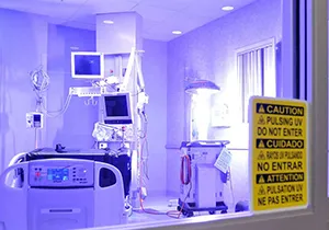 Autonomous UV-C robot disinfecting hospital corridor