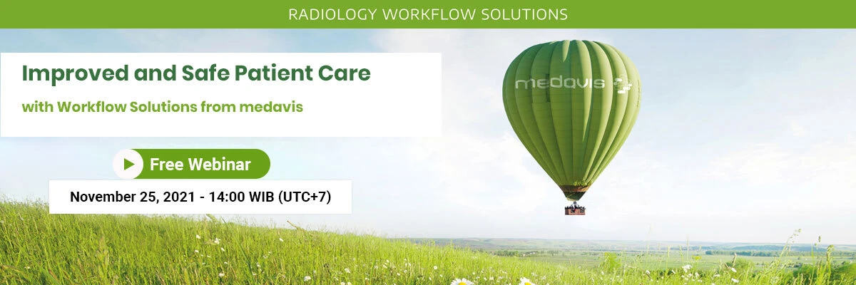 Medavis webinar banner for improved and safe patient care in radiology workflow solutions, featuring a green hot air balloon.