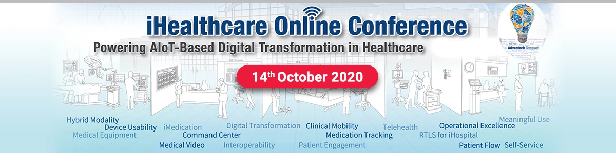 iHealthcare Online Conference banner by Advantech Connect detailing AIoT-based digital transformation in healthcare.