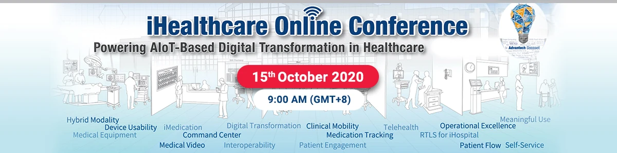 iHealthcare Online Conference banner by Advantech Connect detailing AIoT-based digital transformation in healthcare.