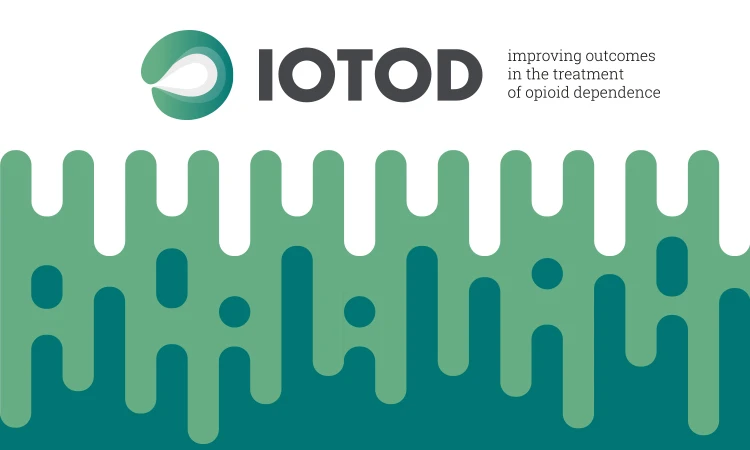 IOTOD logo and slogan for improving outcomes in the treatment of opioid dependence, with a green abstract pattern.