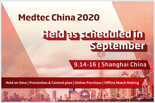 Medtec China 2020 event banner featuring the Shanghai skyline, scheduled for September 14-16 in China.