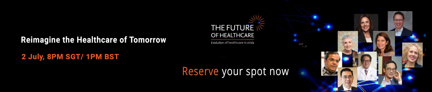 The Future of Healthcare webinar banner calling to reimagine the healthcare of tomorrow with industry professionals.