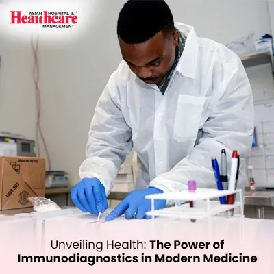 a man in white lab coat and blue gloves