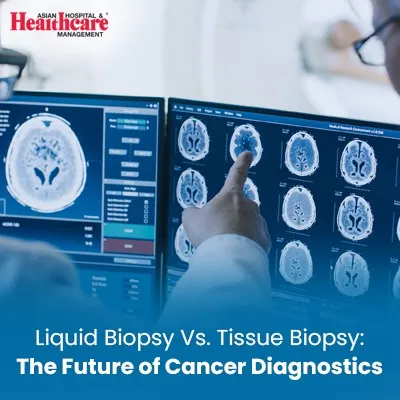 The image highlights the comparison between liquid biopsy and tissue biopsy in the context of cancer diagnostics.