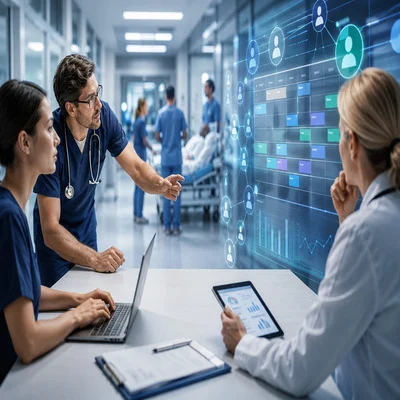 Medical staff collaborating around a table in a hospital corridor, analyzing an interactive digital schedule display that shows staff shifts and operational analytics.