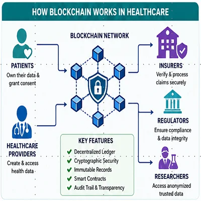 Infographic showing how blockchain works in healthcare, illustrating data sharing between patients, providers, insurers, and researchers.